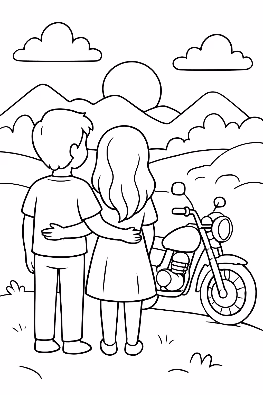 Faca um casal de costas olhando uma paisagem com uma para colorir — desenho para imprimir