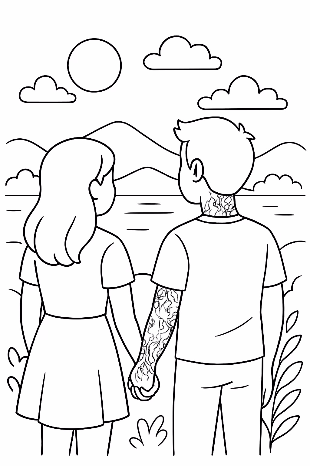 Faca um casal olhando uma paisagem com uma atras e para colorir — desenho para imprimir