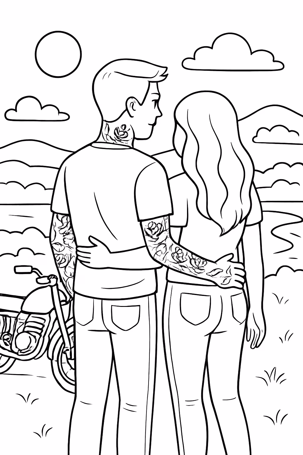 Faca um casal olhando uma paisagem com uma moto atras para colorir — desenho para imprimir