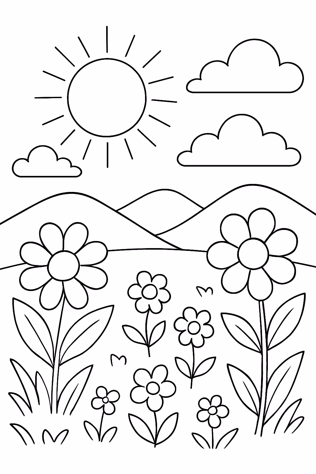 Faca um de paisagem com flores e sol para colorir — desenho para imprimir