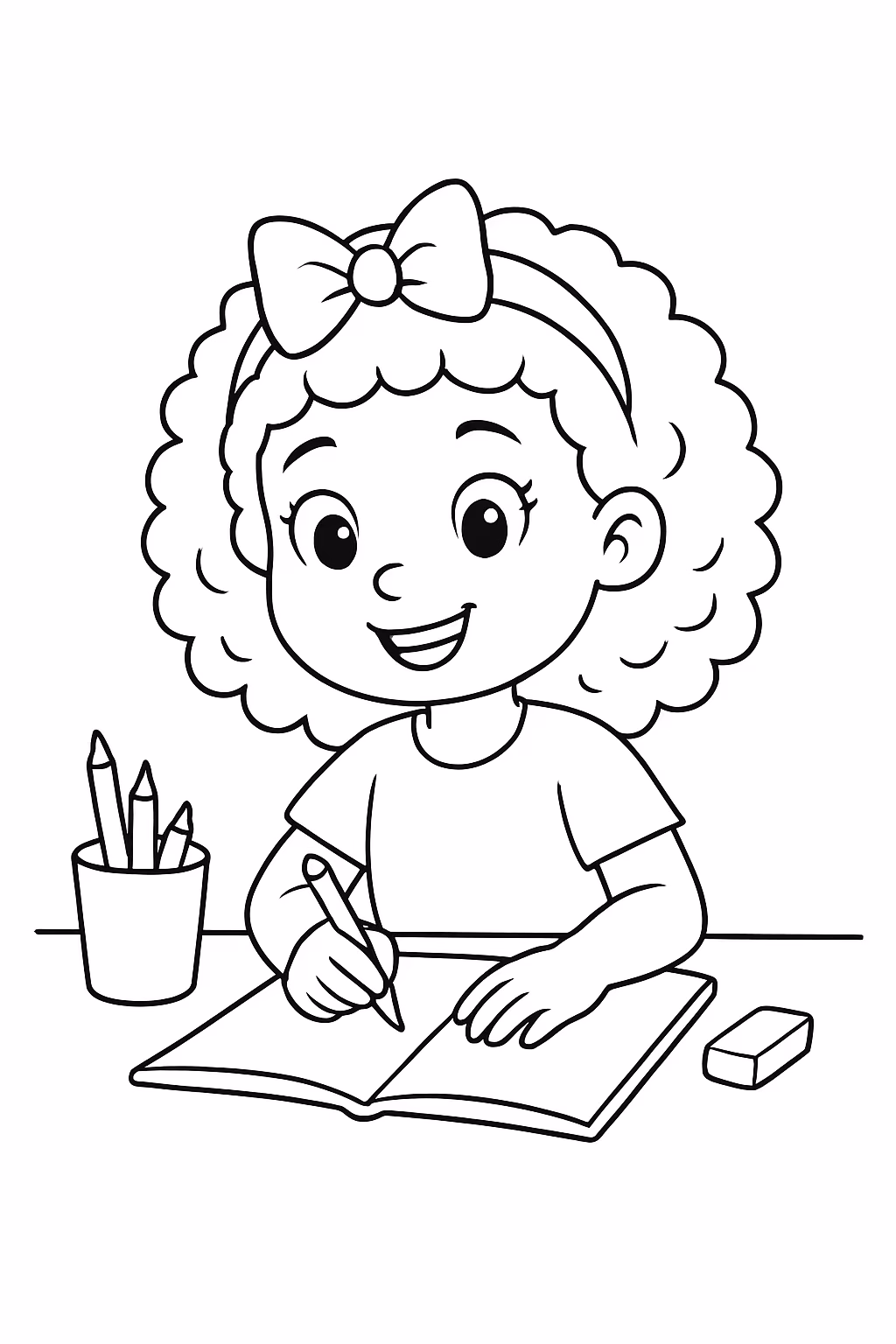 Faca uma crianca menina com o cabelo cacheado e um para colorir — desenho para imprimir