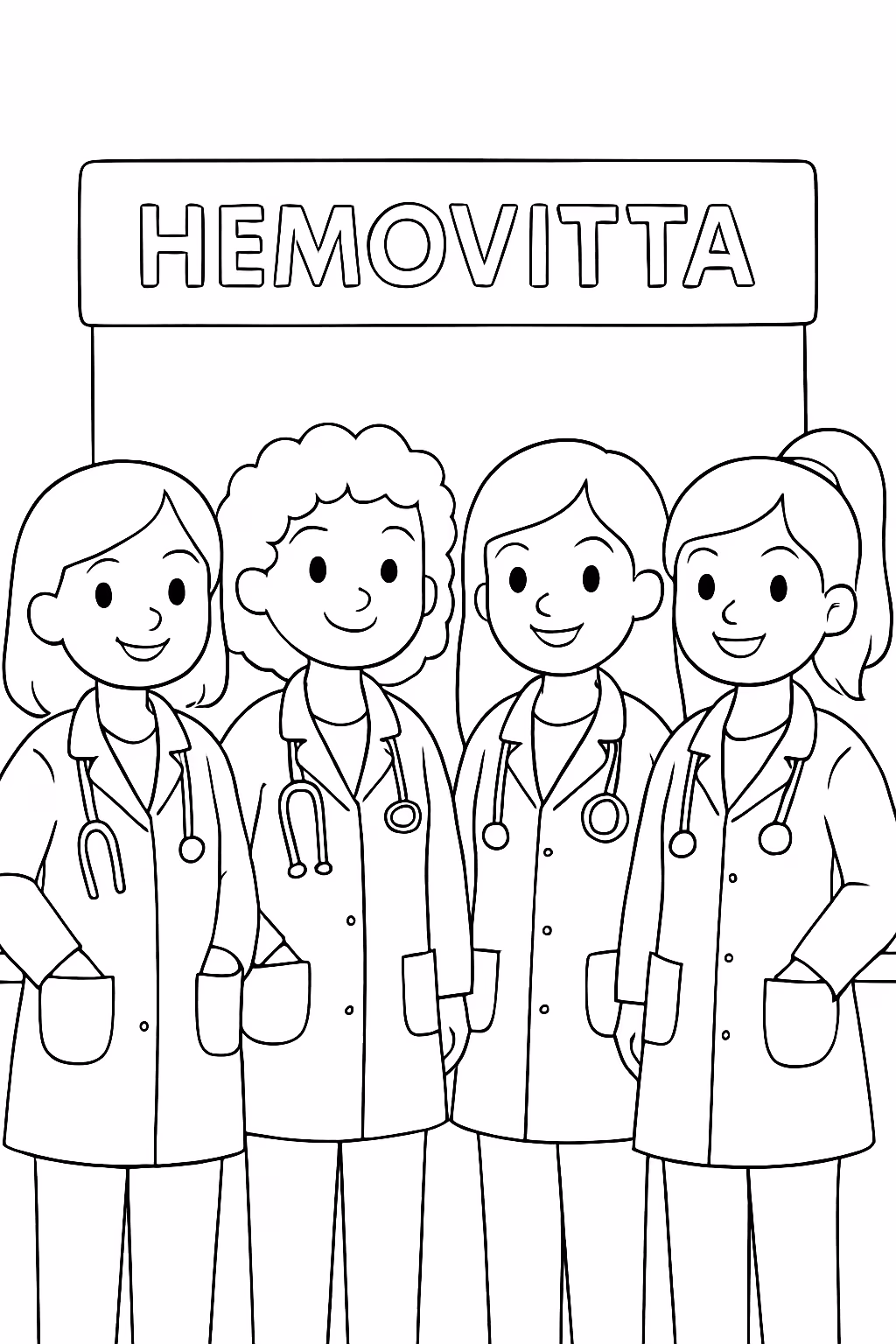 Faca uma recpcao escrito hemovitta com quatro meninas de jaleco para colorir — desenho para imprimir