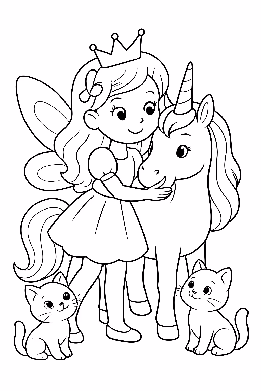Fada com unicornio e gatinhos para colorir — desenho para imprimir