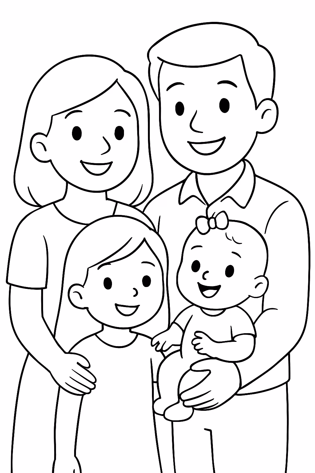 Familia com duas meninas e um bebe para colorir — desenho para imprimir