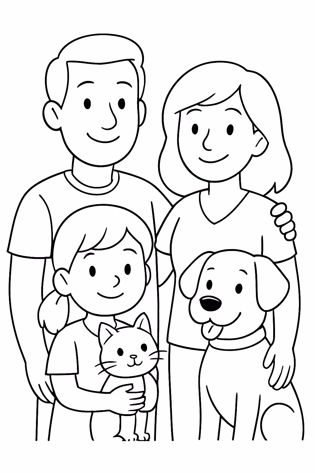 Familia pai mae filha gata cachorra para colorir — desenho para imprimir