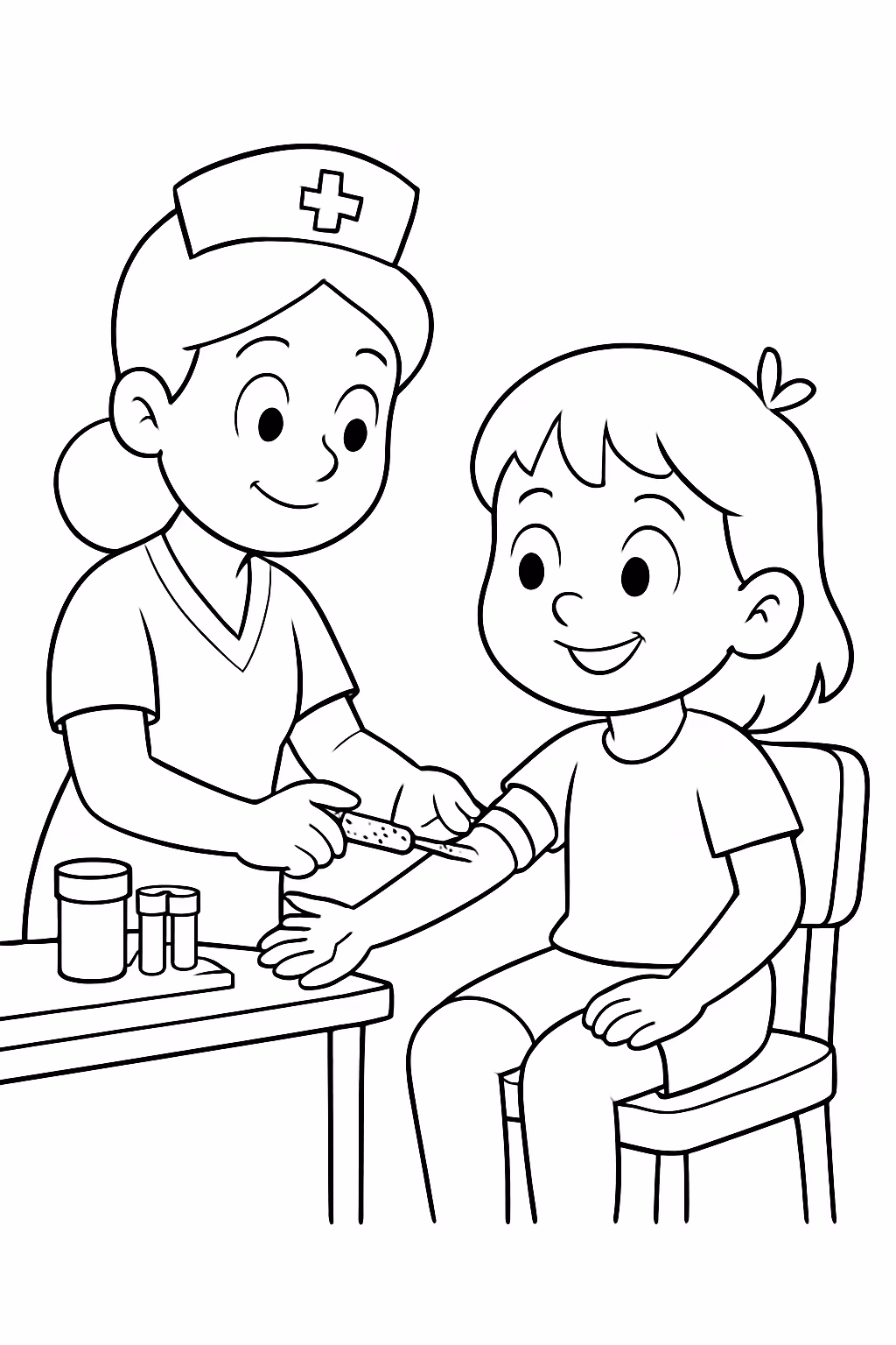 Faz a monica realizando exames de sangue com enfermeira para colorir — desenho para imprimir