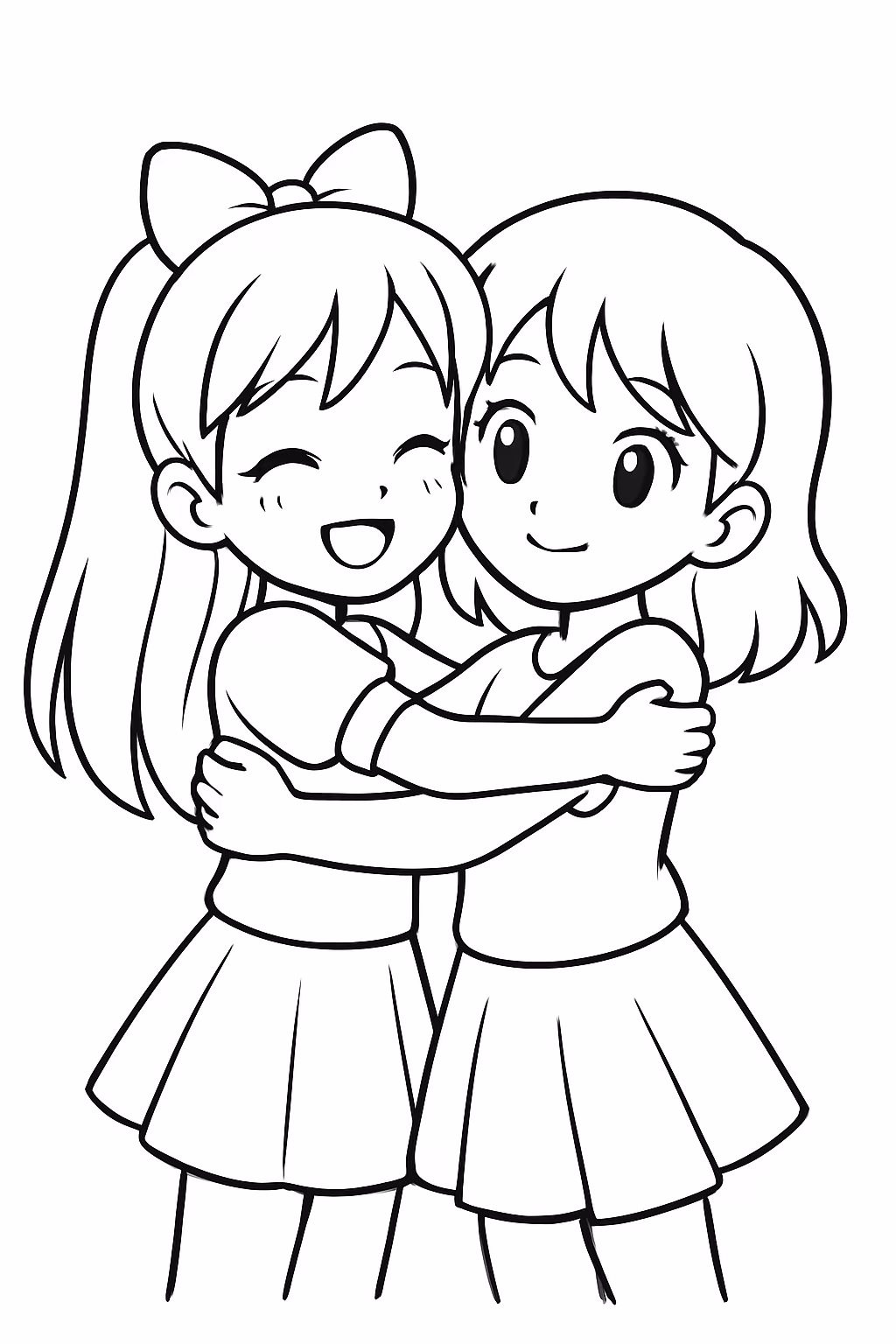 Faz uma menina anime abracando a colega para colorir — desenho para imprimir