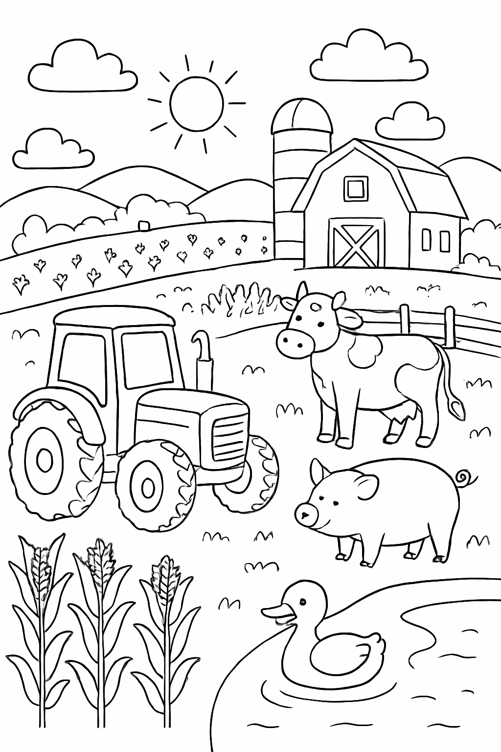 Fazenda com plantacoes e trator e animais e um lago para colorir — desenho para imprimir