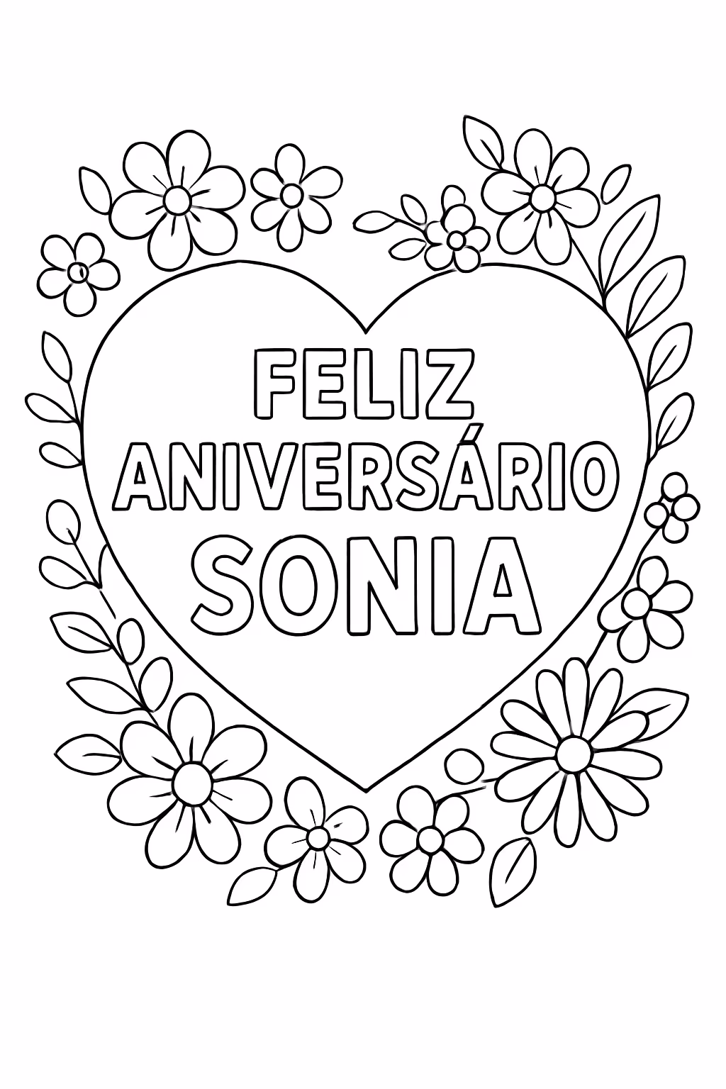 Feliz aniversario sonia com flores somente a escrita dentro um para colorir — desenho para imprimir