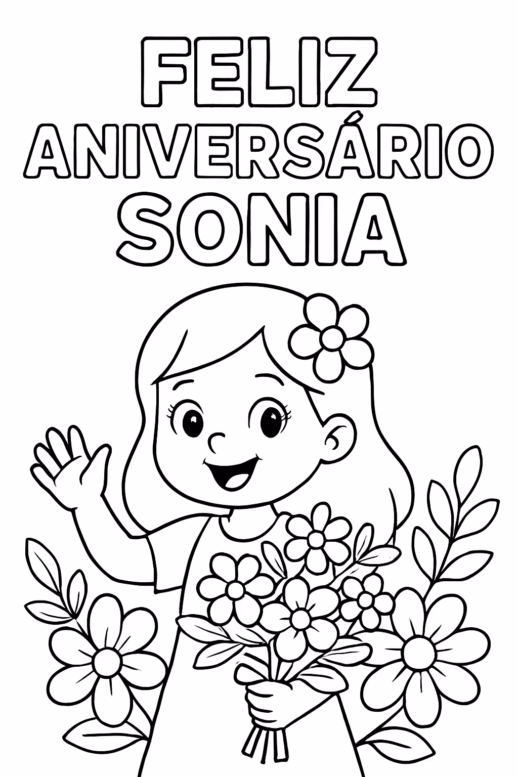 Feliz aniversario sonia com flores somente a escrita para colorir — desenho para imprimir
