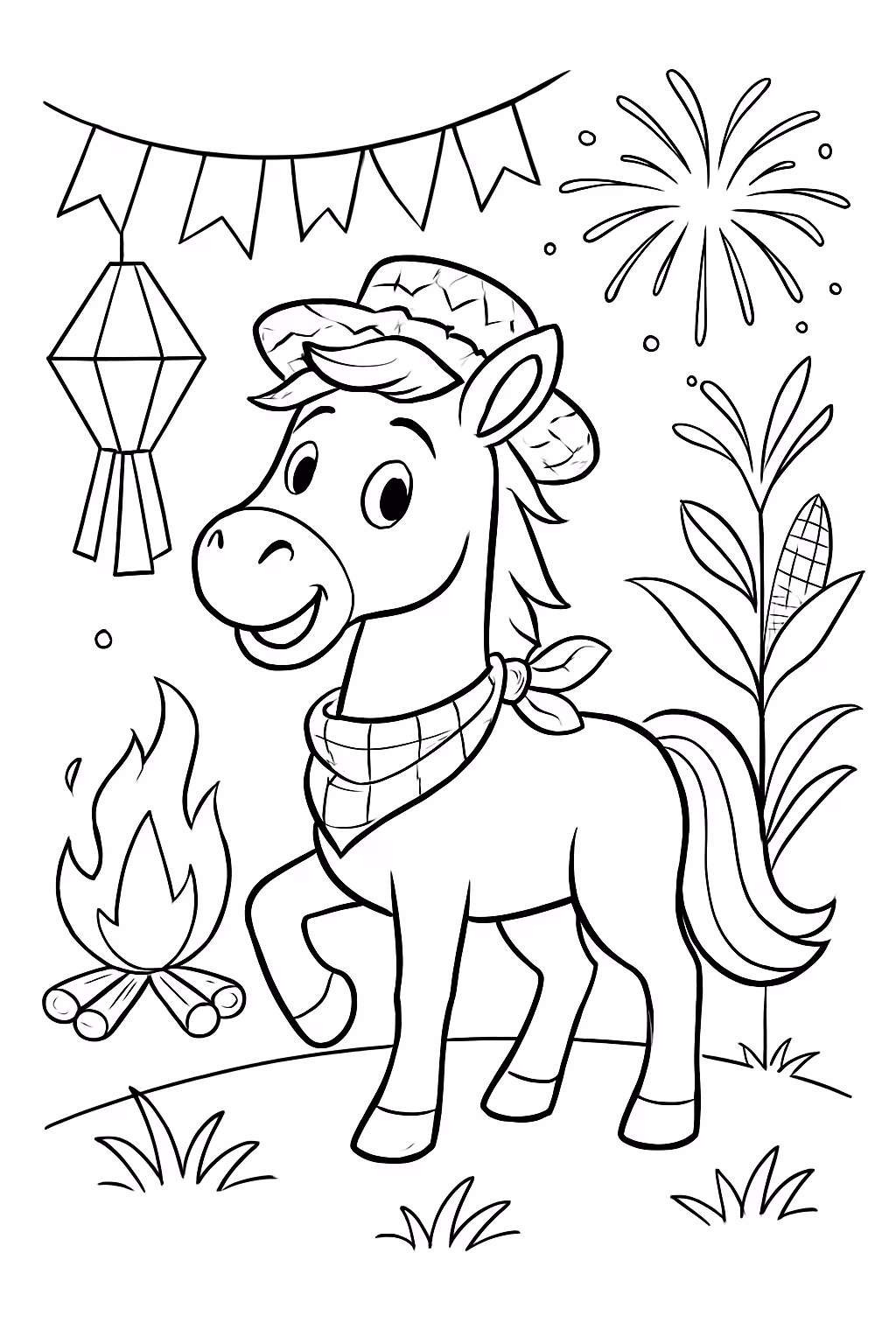 Festa junina com um cavalo para colorir — desenho para imprimir