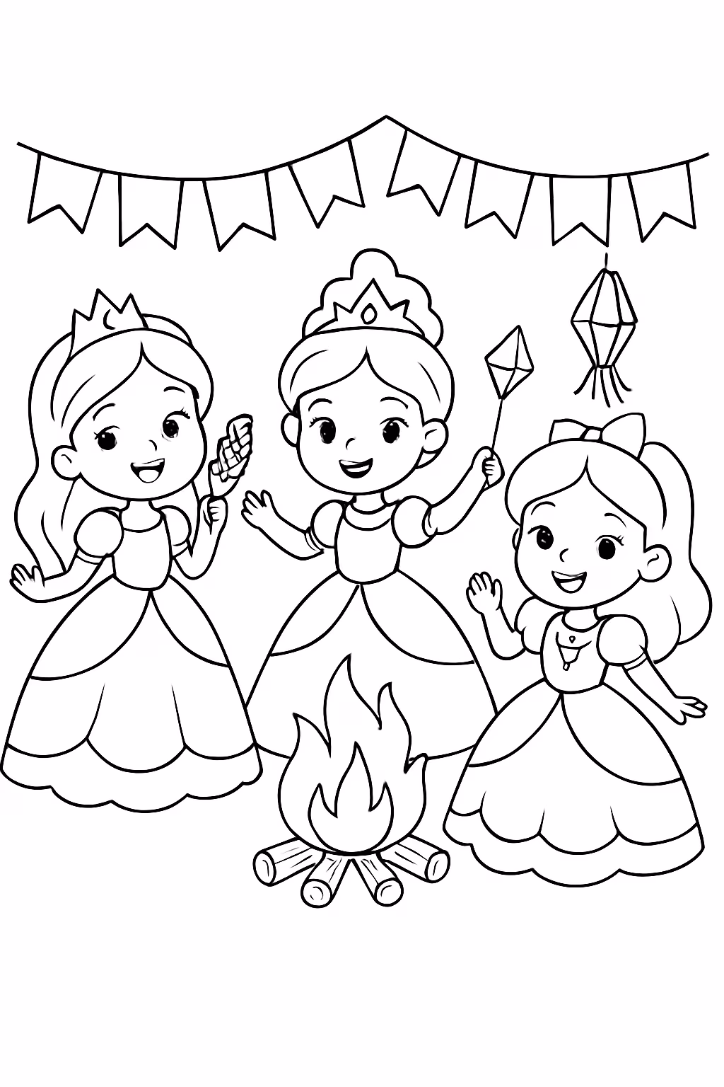 Festa junina de princesas para colorir — desenho para imprimir