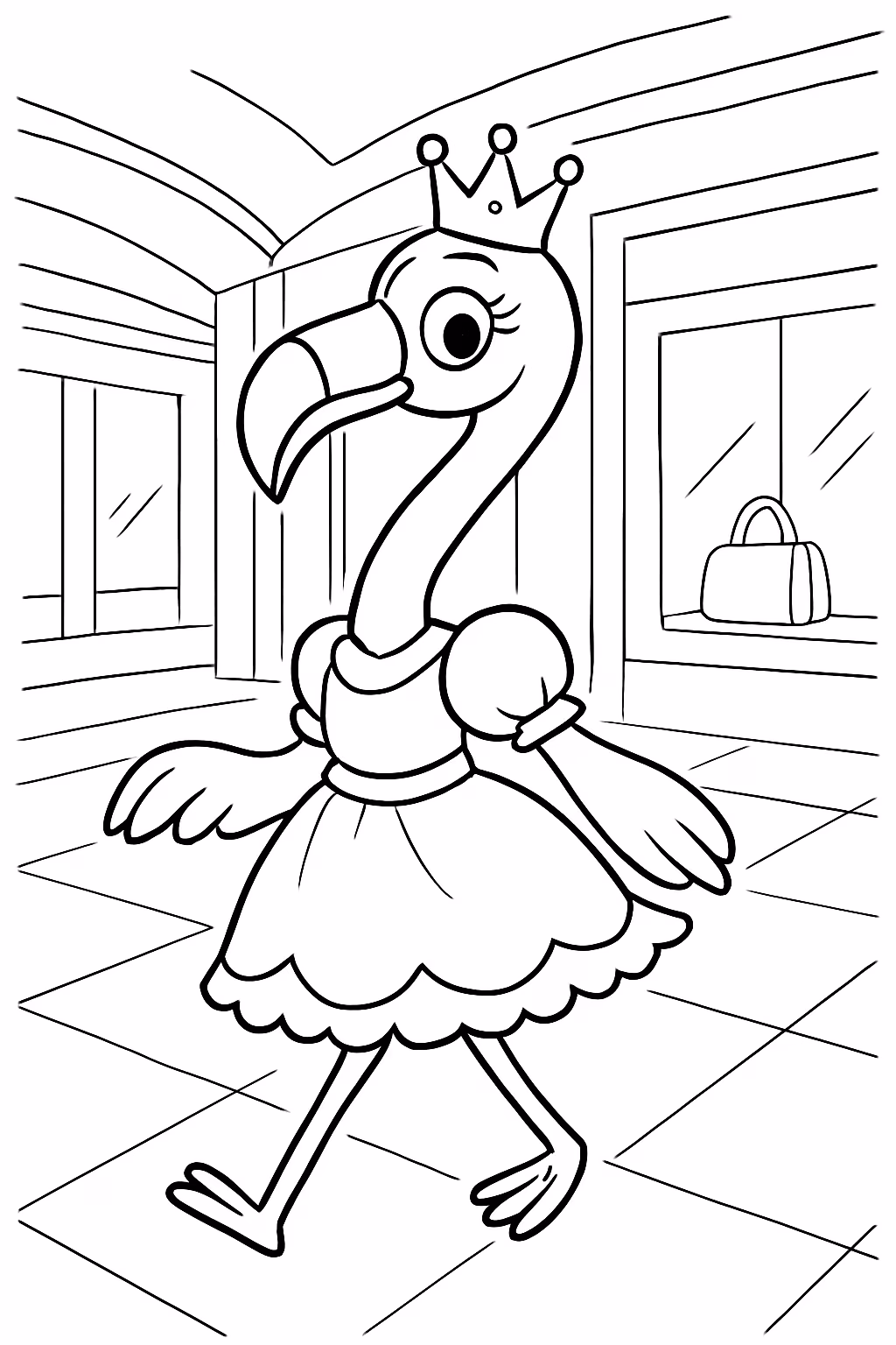 Flamingo com vestido e coroa de princesa passeando no shopping para colorir — desenho para imprimir