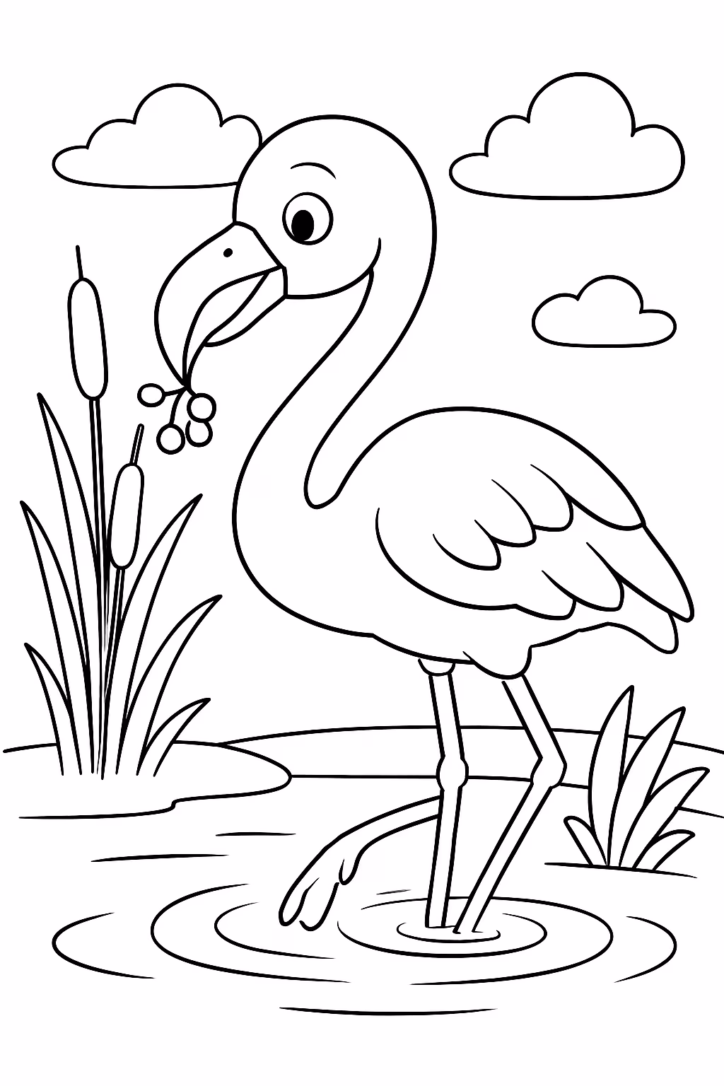 Flamingo comendo sua comida no lago para colorir — desenho para imprimir