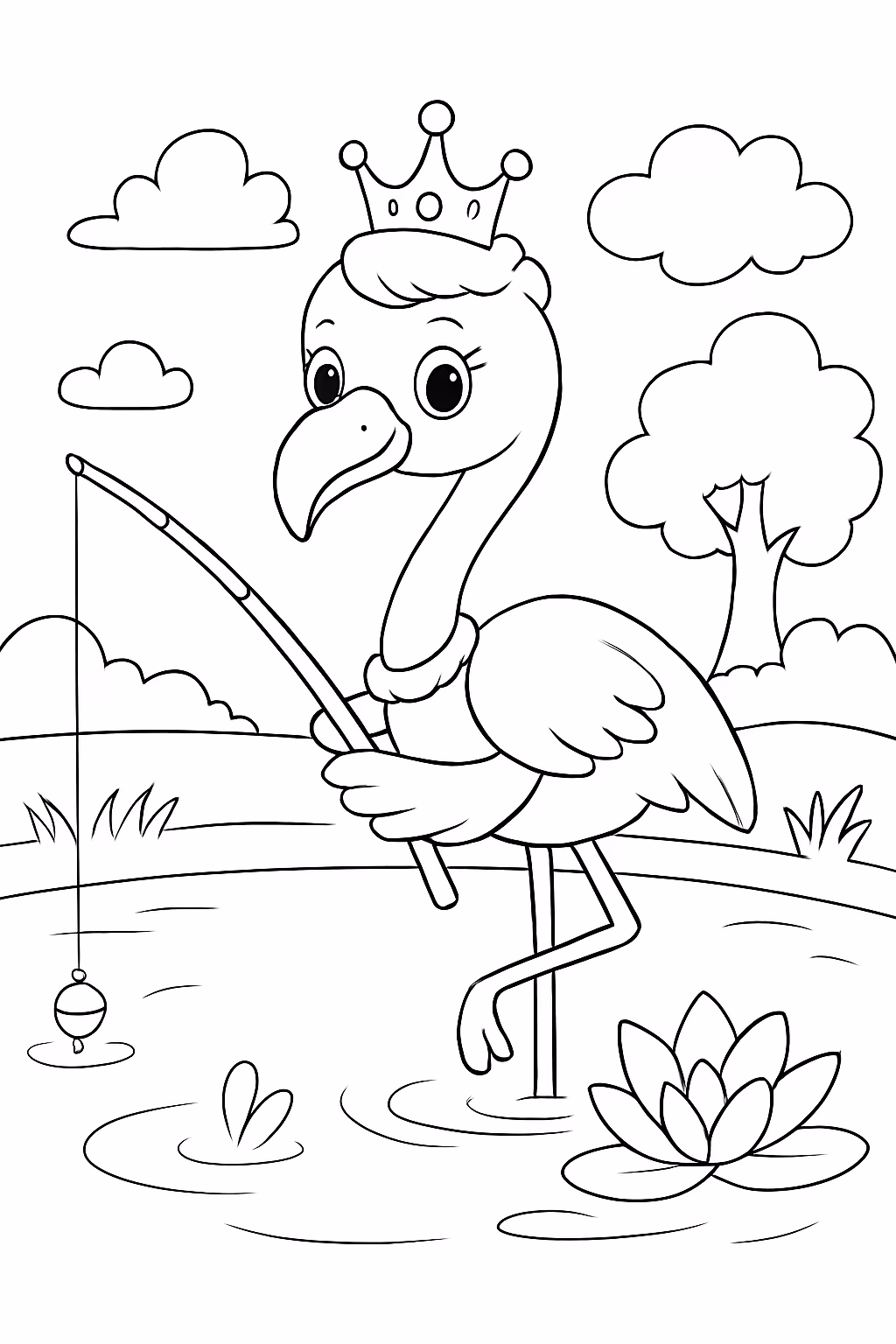 Flamingo princesa pescando na lagoa para colorir — desenho para imprimir