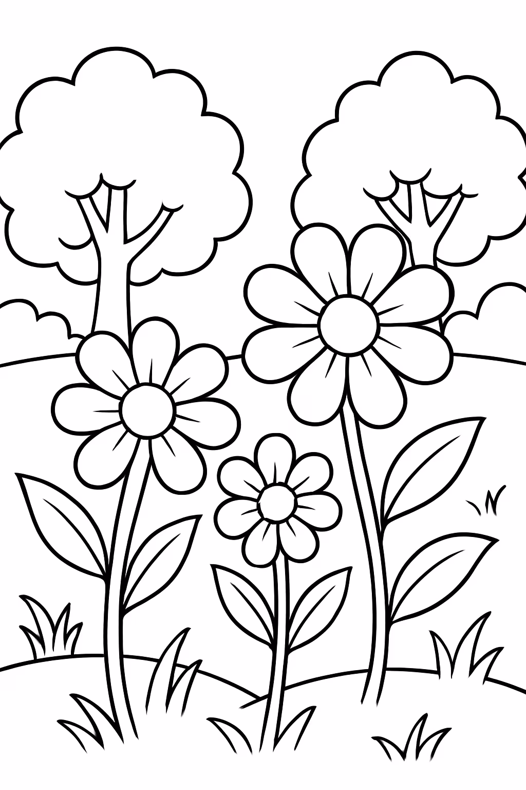 Flores e arvores para colorir — desenho para imprimir