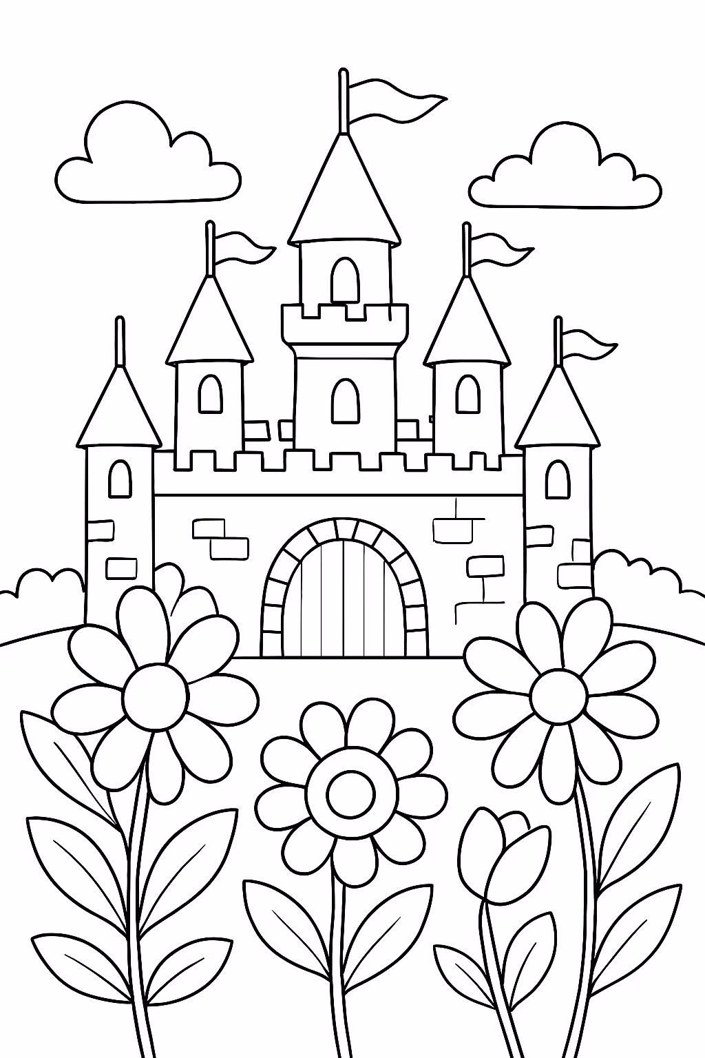Flores e castelo para colorir — desenho para imprimir