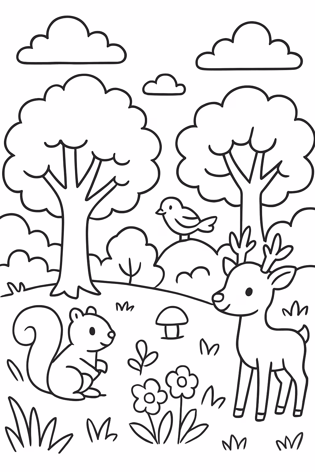 Floresta para colorir — desenho para imprimir