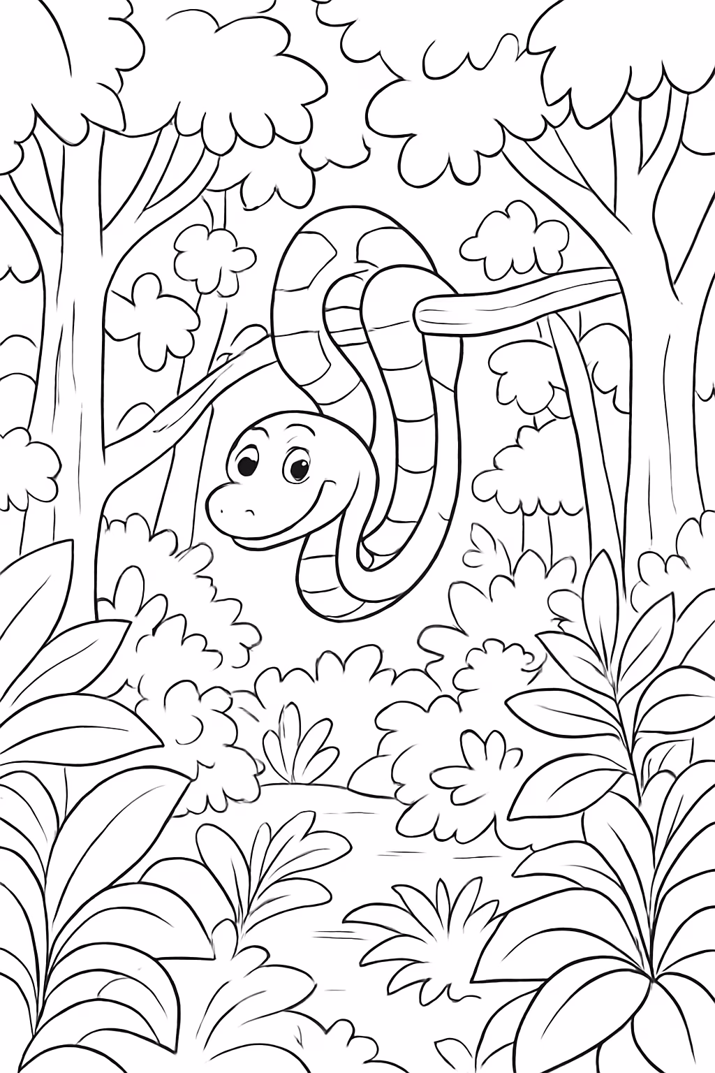 Floresta densa com muitas armors e uma cobra pendurada para colorir — desenho para imprimir