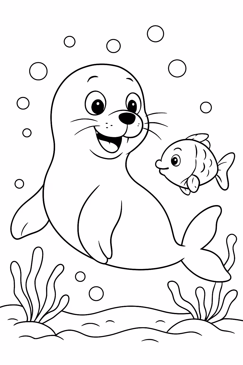 Foca brincando com peixe para colorir — desenho para imprimir