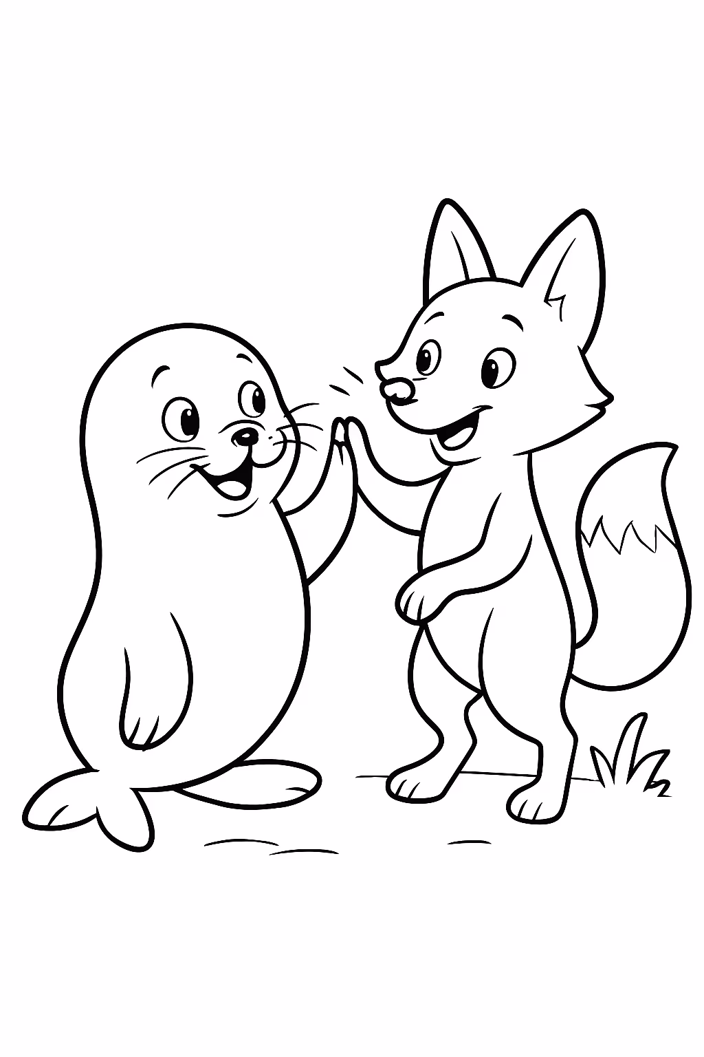 Foca brincando com raposa para colorir — desenho para imprimir