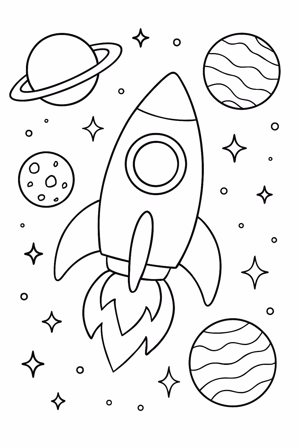 Foguete e planetas para colorir — desenho para imprimir
