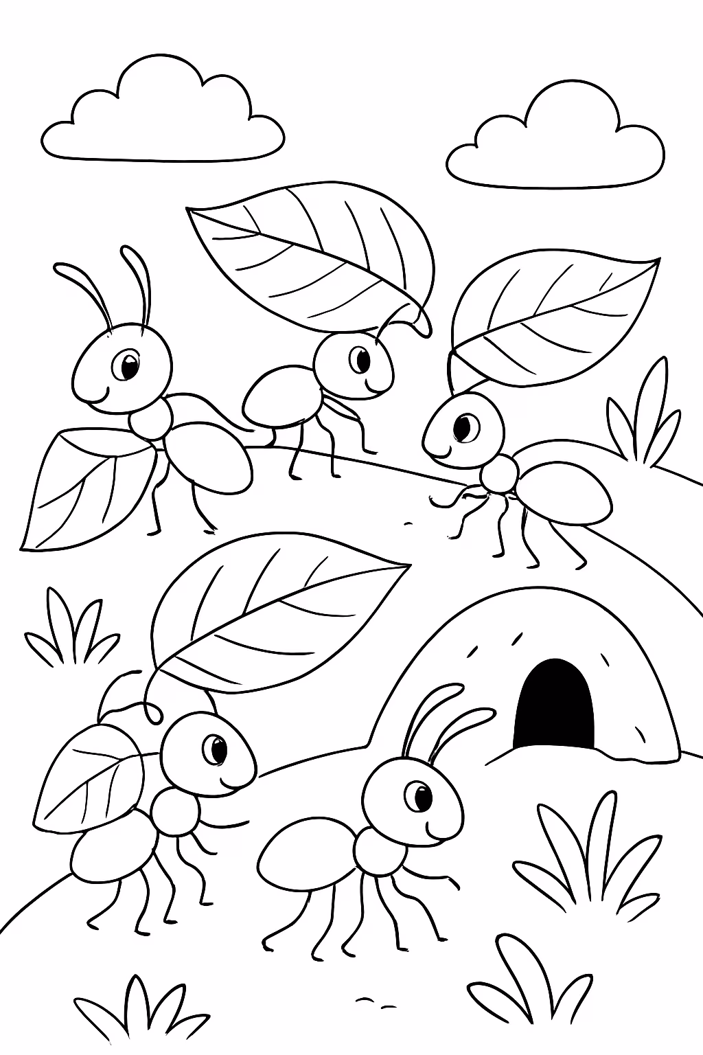 Formigas carregando folhas o formigueiro para colorir — desenho para imprimir