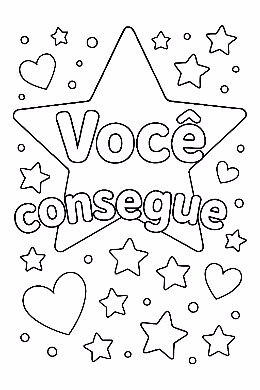 Frase motivacional com estrelas e coracoes em portugues para colorir — desenho para imprimir