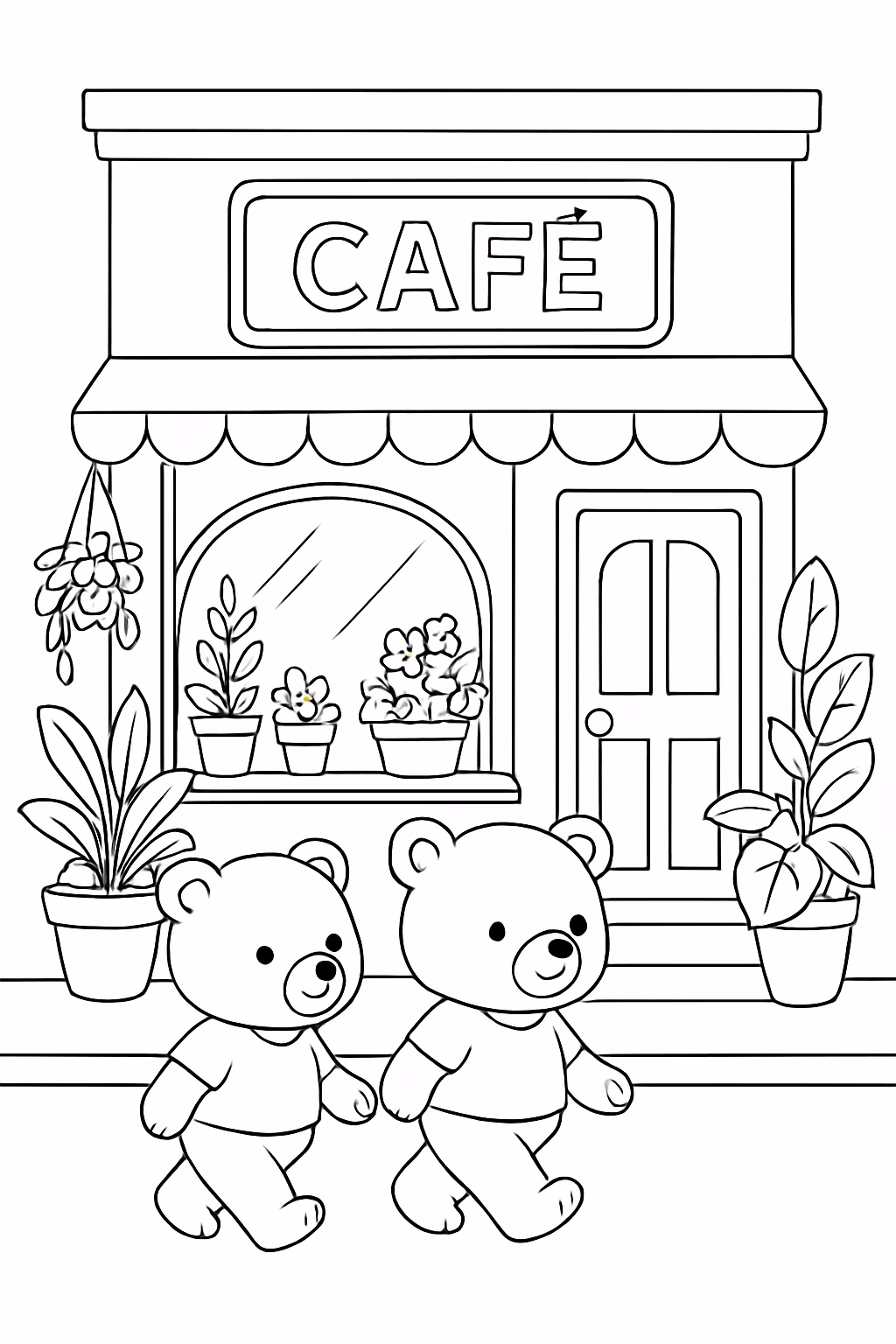 Frente de cafeteria com muitas plantas e ursinhos caminhando na para colorir — desenho para imprimir