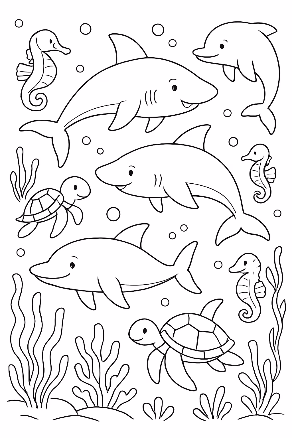 Fundo do mar com tubaroes e golfinhos e tartarugas e para colorir — desenho para imprimir