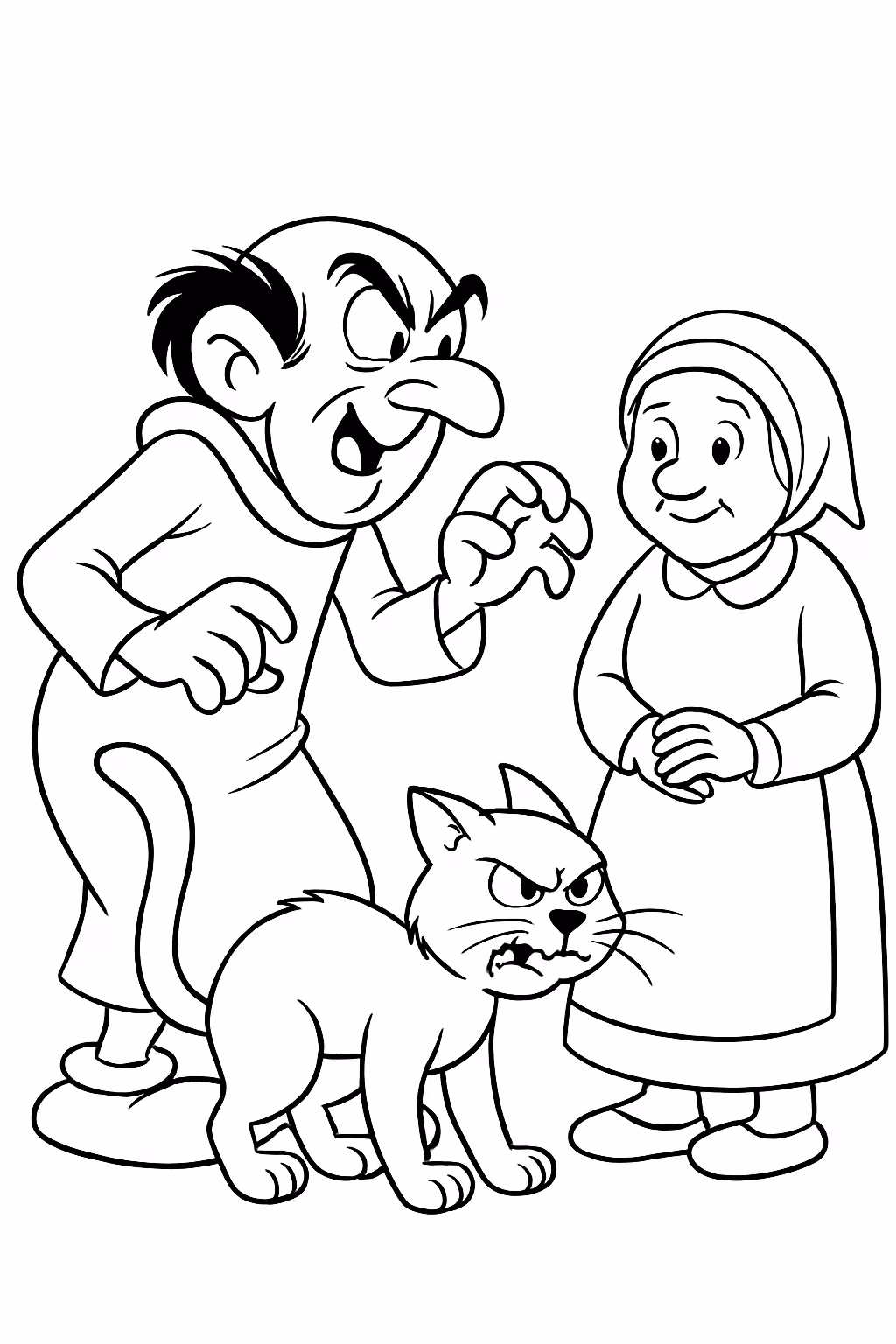 Gargamel com seu gato cruel e a mae do gargamel para colorir — desenho para imprimir