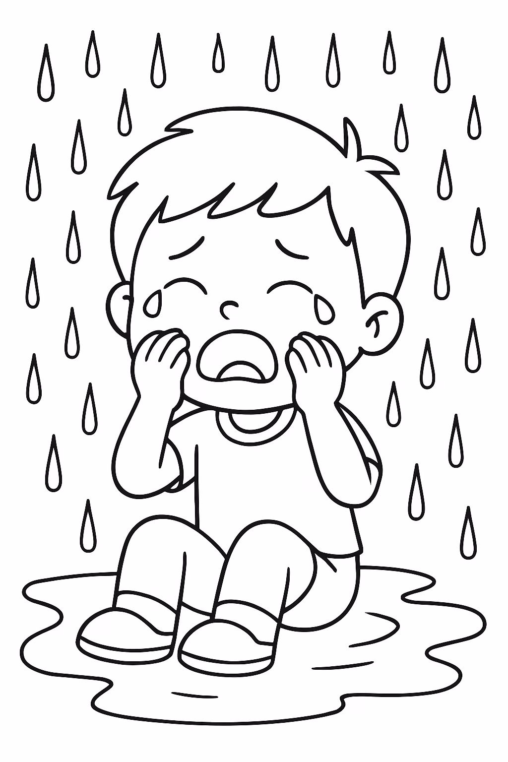 Garoto chorando no chao chuvendo para colorir — desenho para imprimir