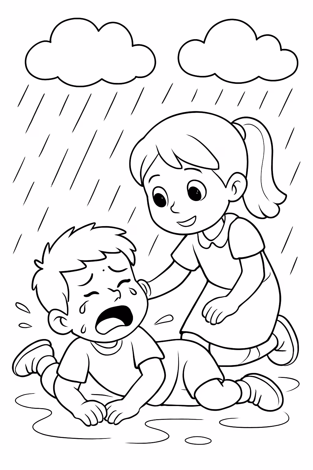 Garoto machacado chorando no chao chuvendo e menina indo consolar para colorir — desenho para imprimir