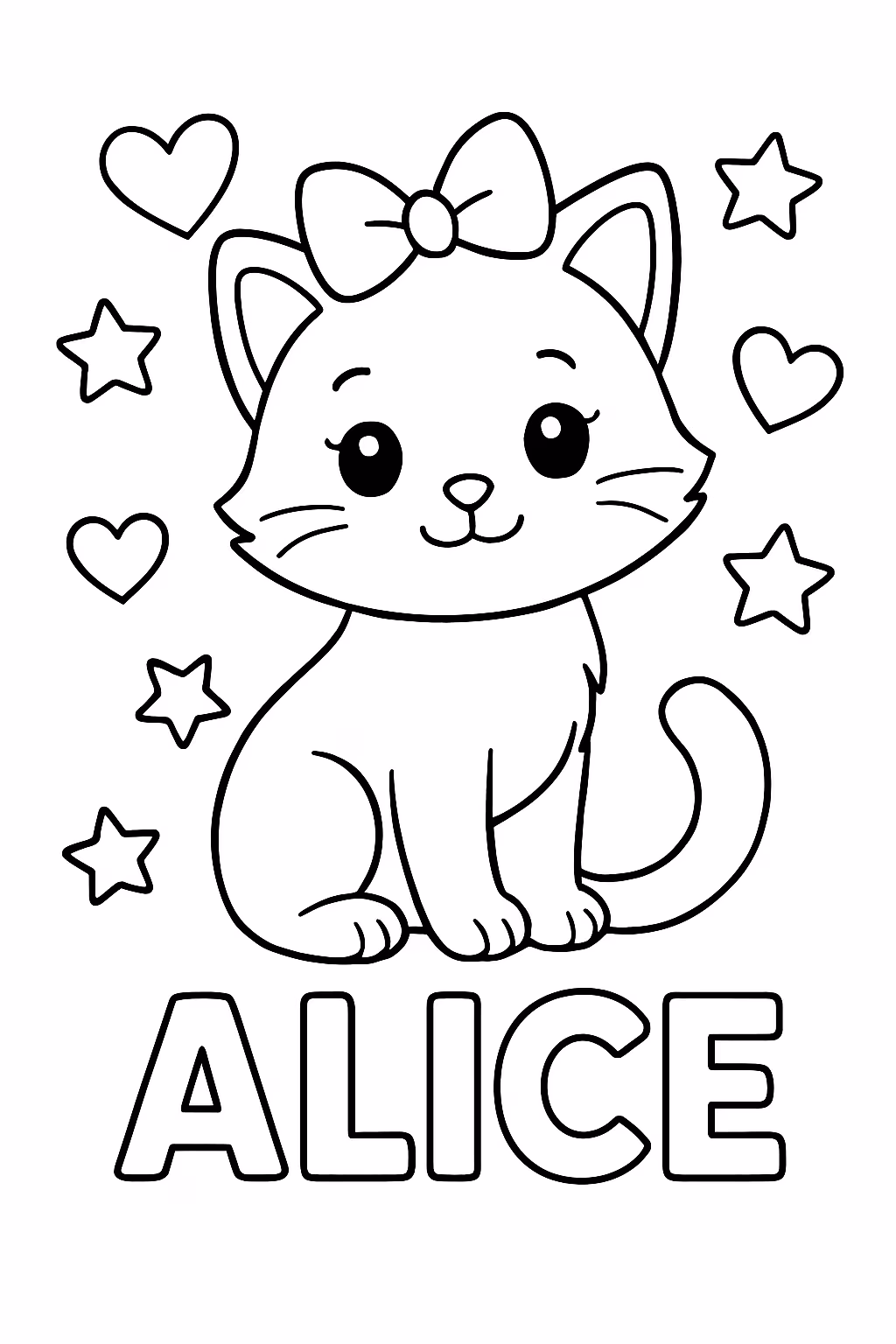 Gatinha com nome alice coracoes e estrelas para colorir — desenho para imprimir
