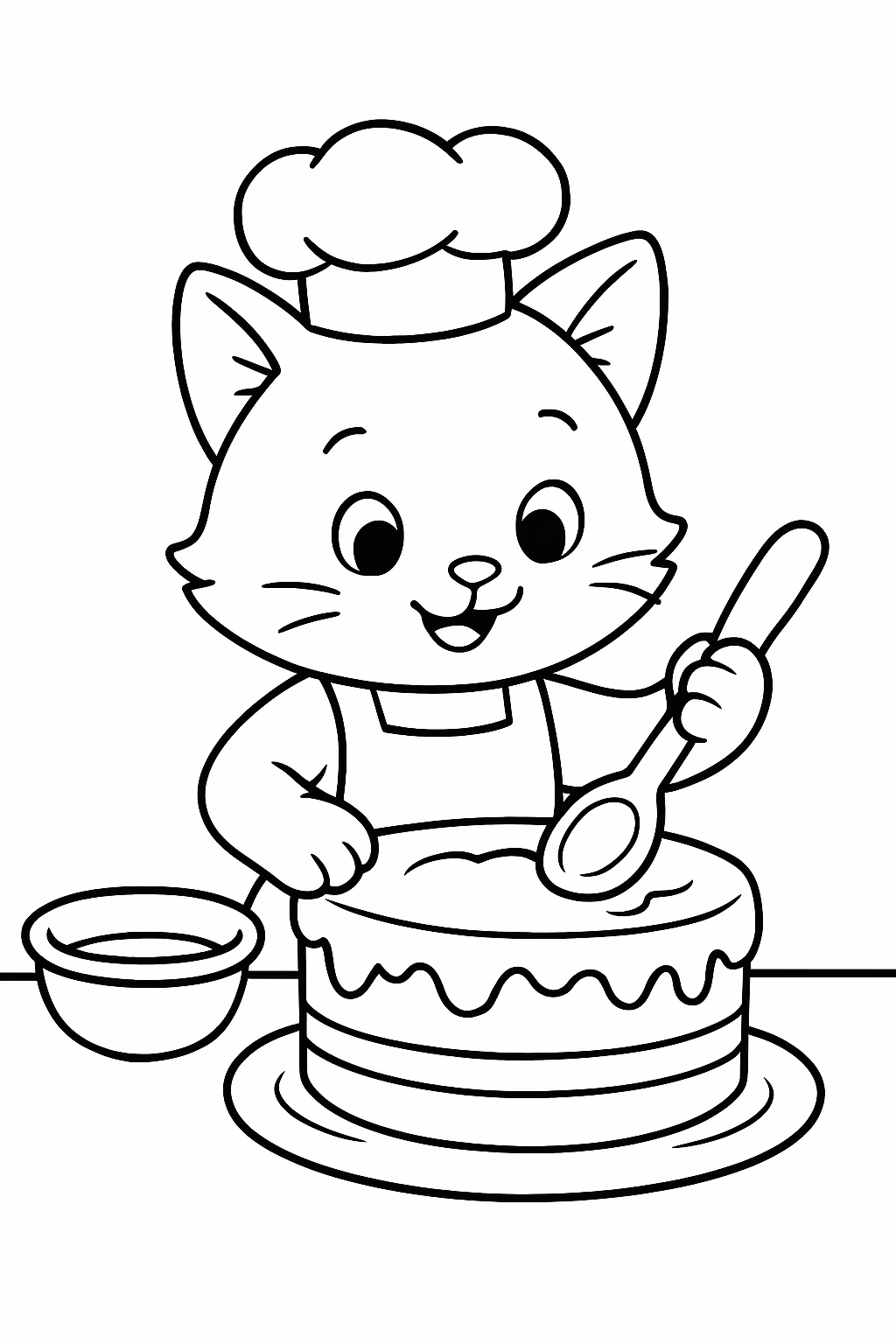Gatinho fazendo bolo para colorir — desenho para imprimir