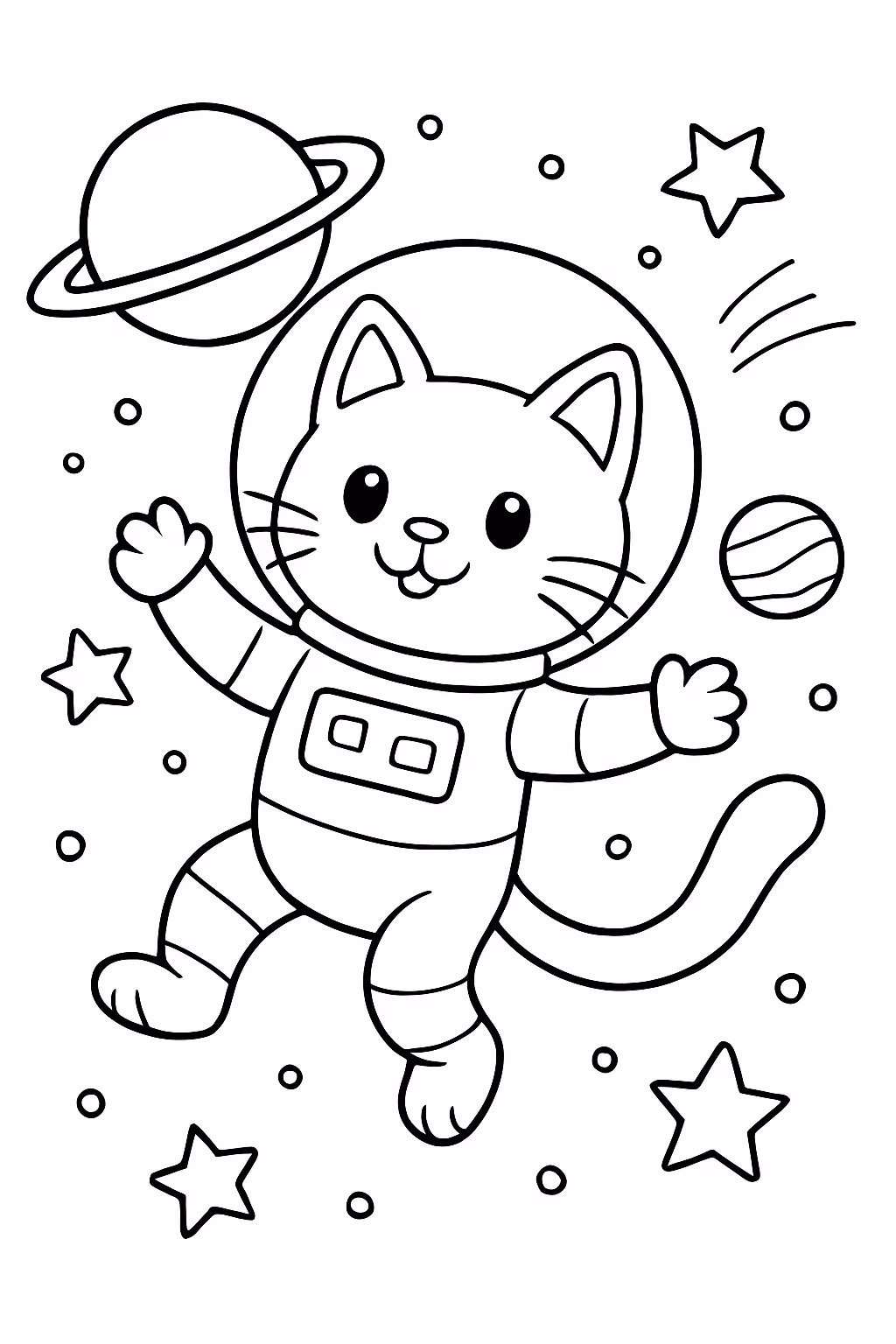 Gatinho voando no espaco para colorir — desenho para imprimir