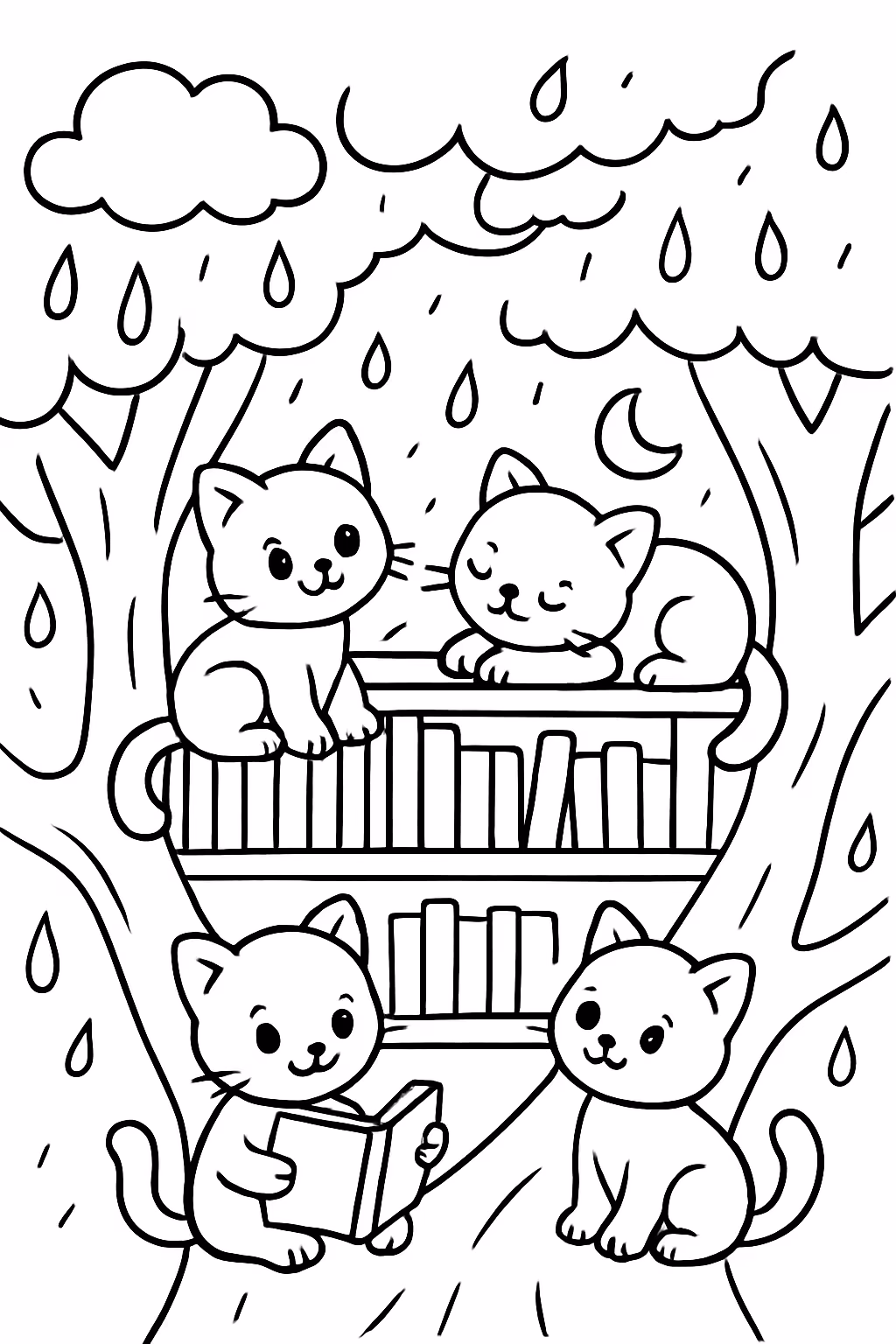 Gatinhos em uma biblioteca na copa de uma arvore durante para colorir — desenho para imprimir