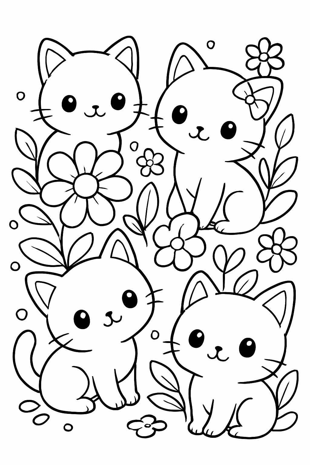 Gatinhos kawaii fofinhos com bobie goods com flores para colorir — desenho para imprimir