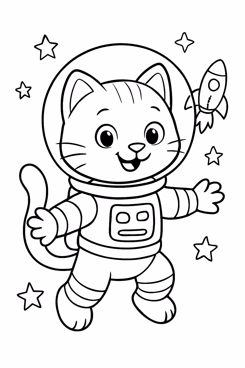 Gato astronauta com o fogeti atras para colorir — desenho para imprimir