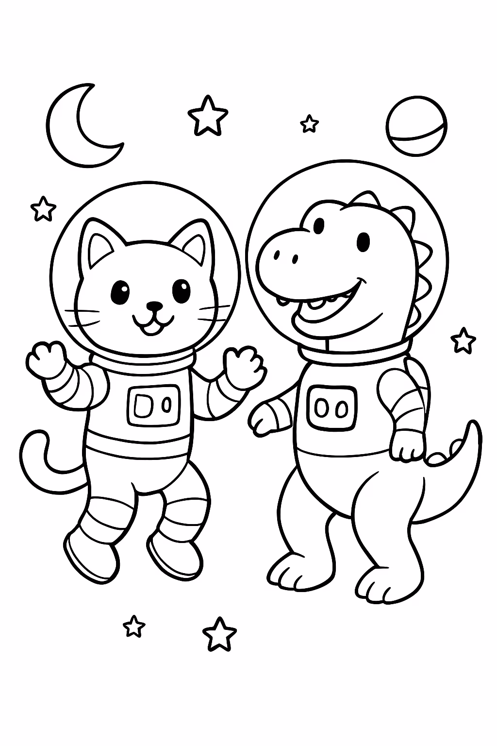 Gato astronauta e dino sauro astronauta para colorir — desenho para imprimir