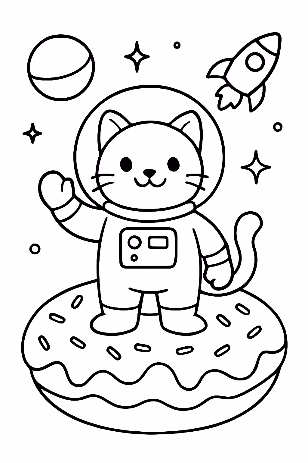 Gato astronauta em um planeta de rosquinha para colorir — desenho para imprimir