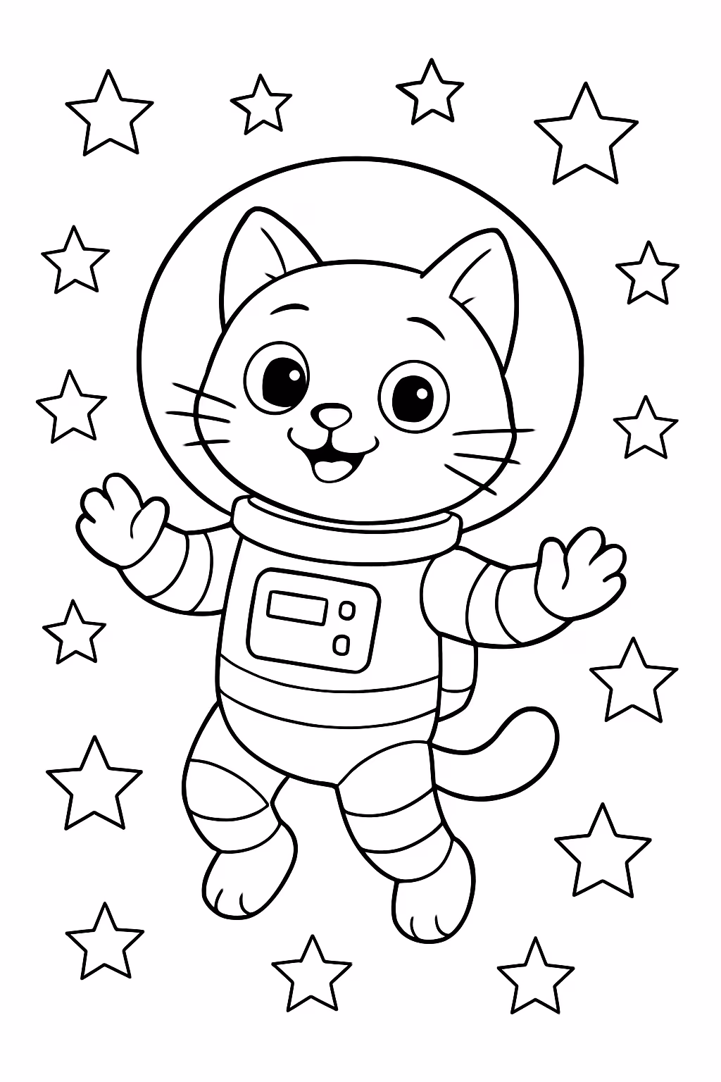 Gato astronauta rodeado de estrelas para colorir — desenho para imprimir