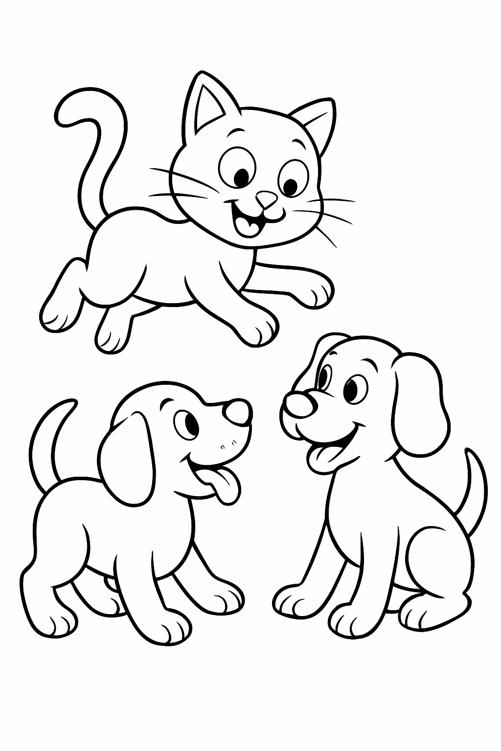 Gato brincando com cachorros para colorir — desenho para imprimir