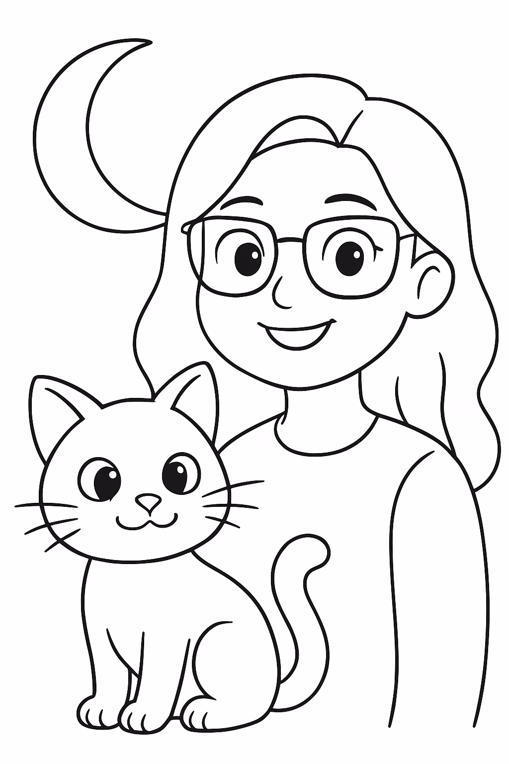 Gato com lua e uma mulher de oculos para colorir — desenho para imprimir