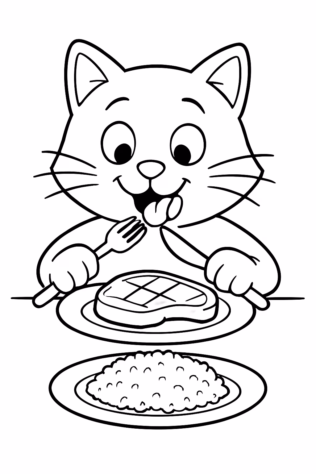 Gato comendo bife e abaixo prato meio vasio com arroz para colorir — desenho para imprimir