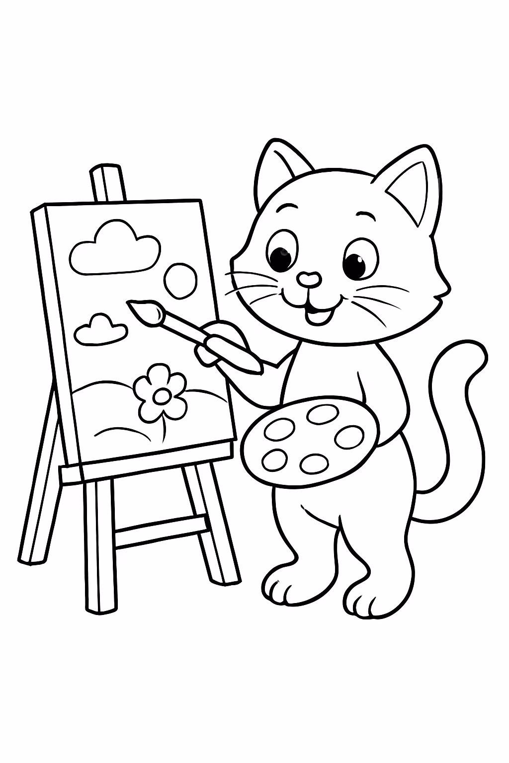 Gato desenhista pintando um quadro para colorir — desenho para imprimir