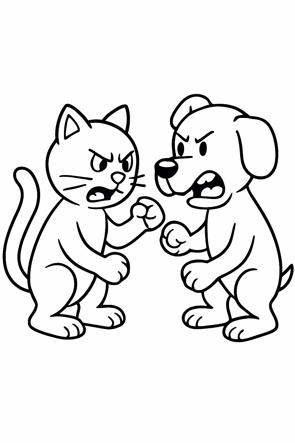 Gato e cachorro brigando para colorir — desenho para imprimir