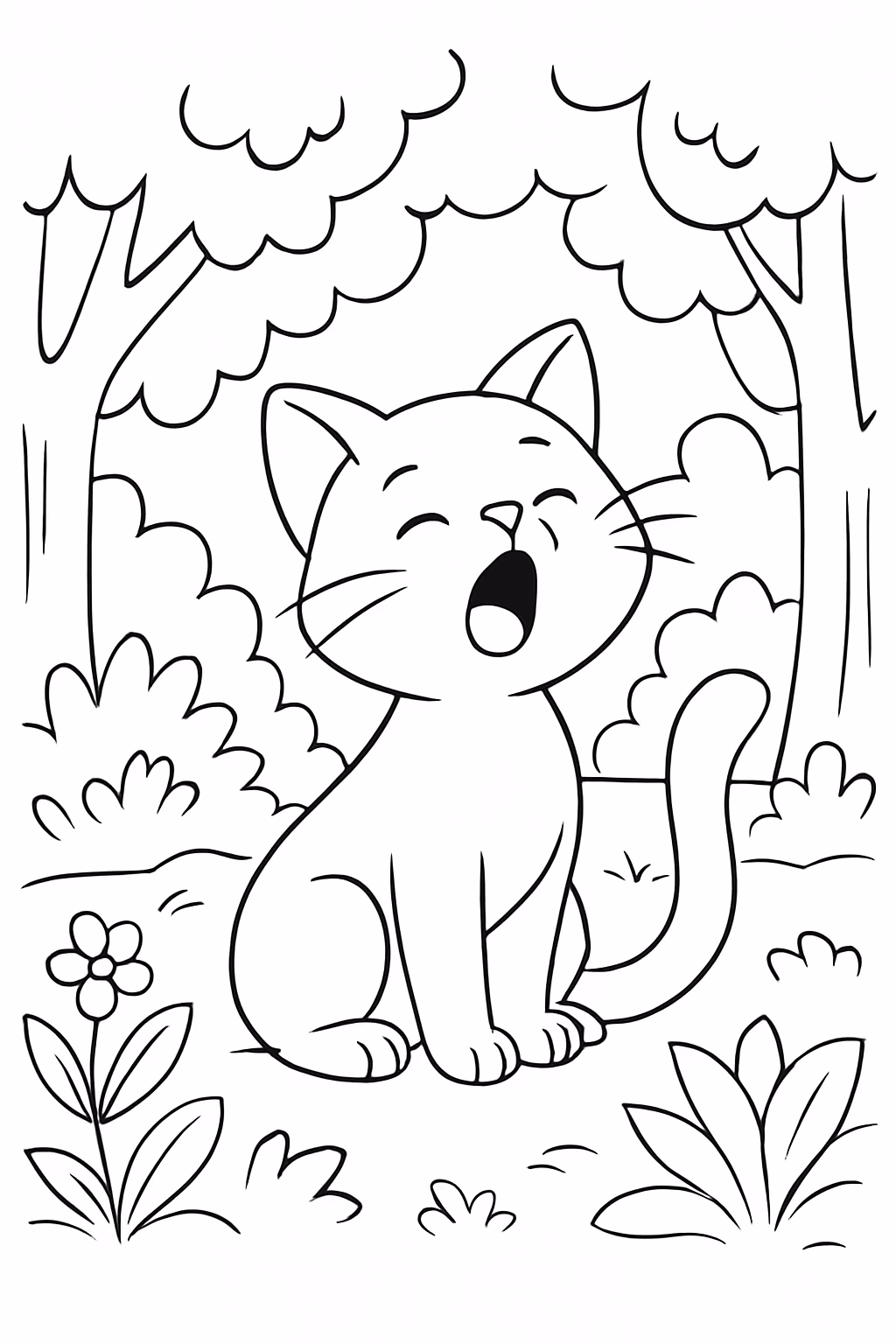 Gato miando na floresta para colorir — desenho para imprimir