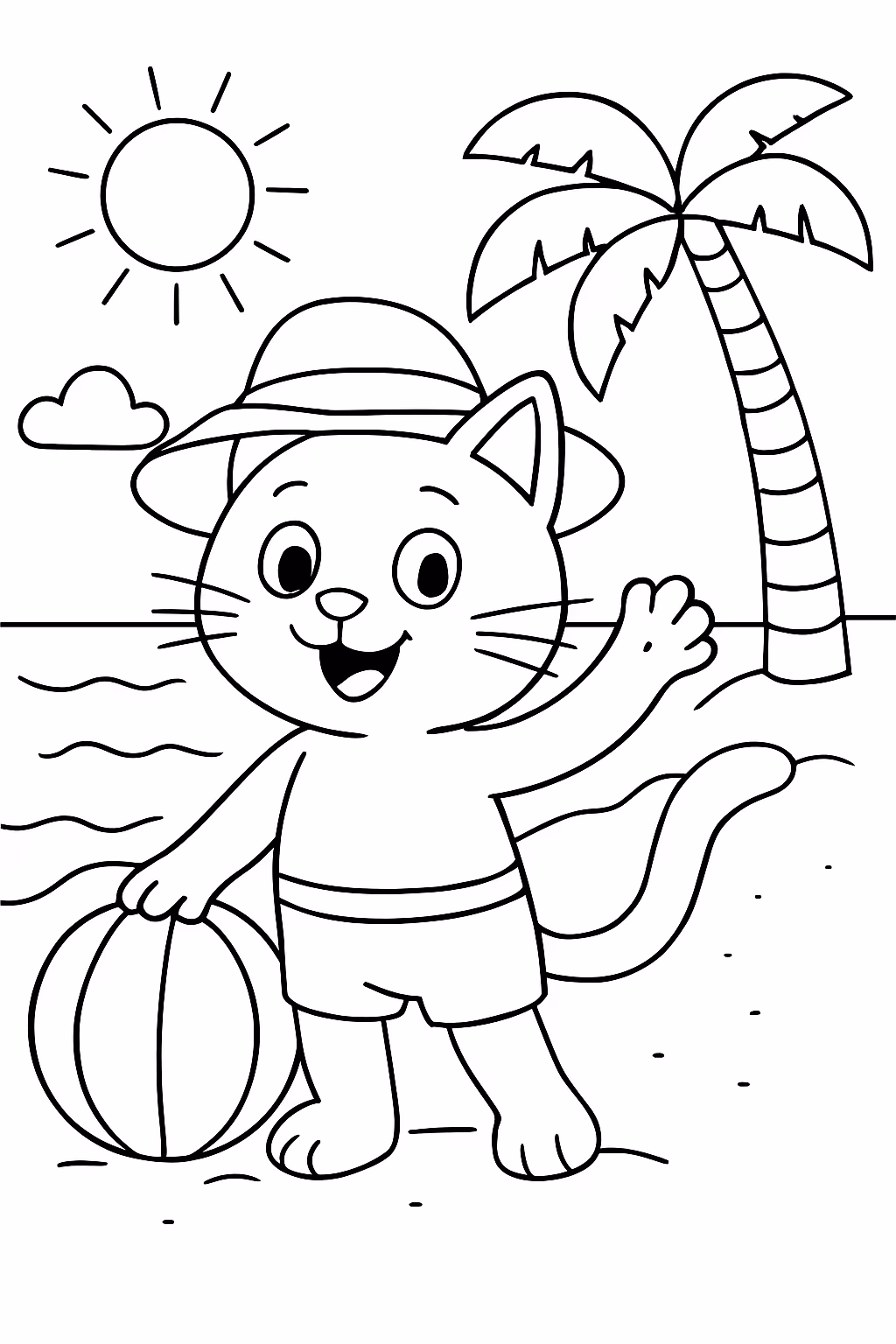 Gato na praia para colorir — desenho para imprimir