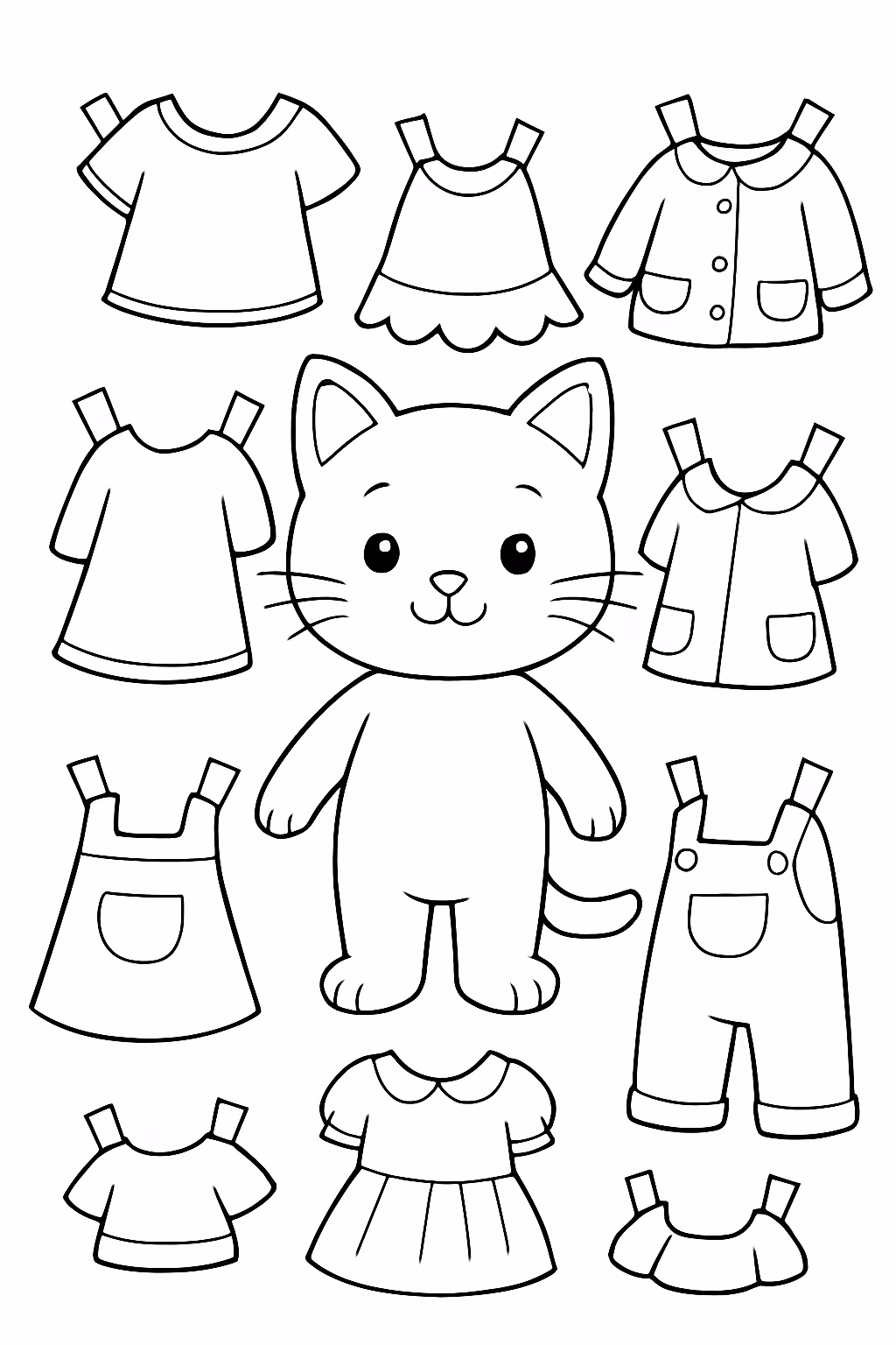 Gato paper doll com muitas roupinhas para colorir — desenho para imprimir